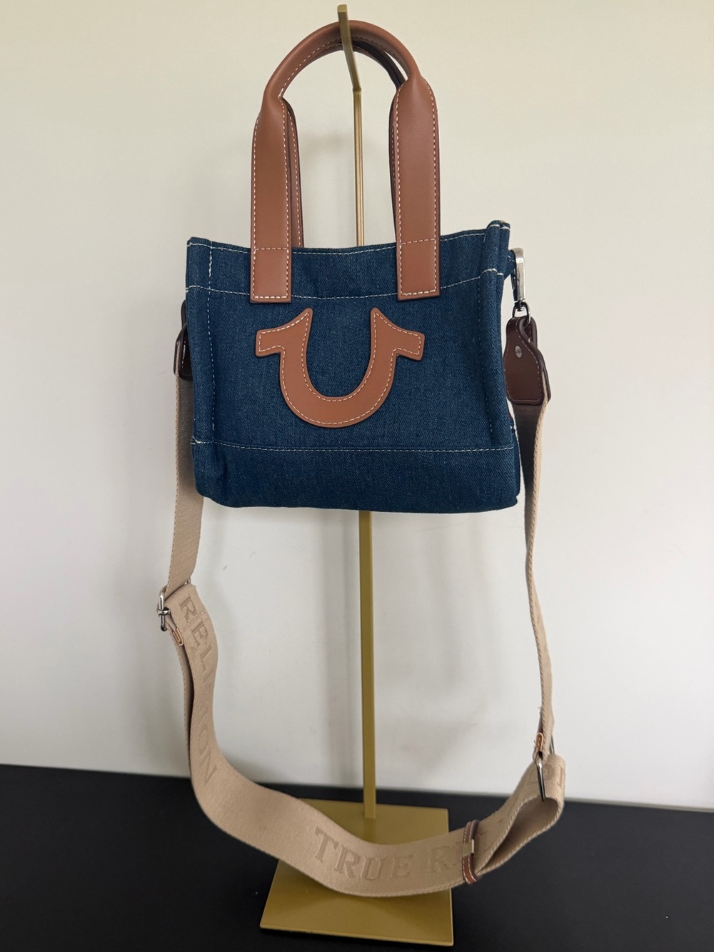 True Religion Denim Mini Tote Crossbody Bag Horseshoe Logo Y2K Blue Tan